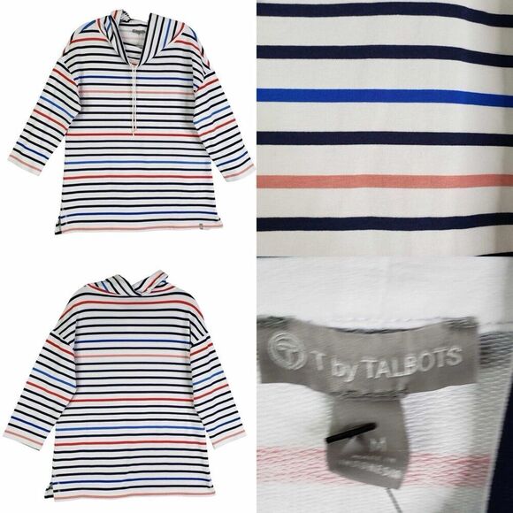 T By Talbots Womens Sweatshirt Hoodie Size Medium White Striped Stretch NWT - Picture 1 of 10